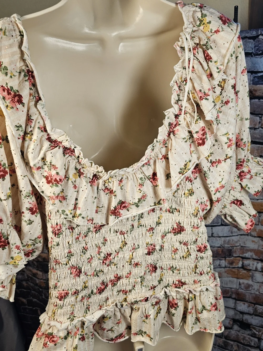 Free People Floral Smocked Ruffle Top Cottagecore Puff Sleeve Blouse Large